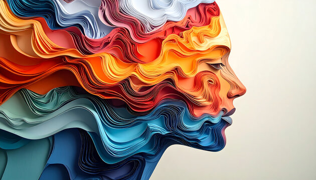 Vibrant abstract layered profile of human mind crafted from colorful textured paper strips, symbolizing creative thought