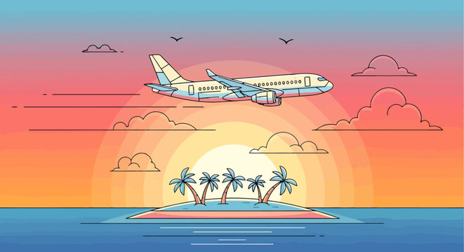 A jumbo jet airplane soars majestically through a vibrant sunset sky above a serene tropical island paradise with lush palm trees and calm ocean waters creating a picturesque scene of travel and