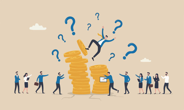 Financial bankruptcy illustration is modern, flat design with clean lines and minimal shading teams together concept, businessman investor falling from stack of unstable money coins