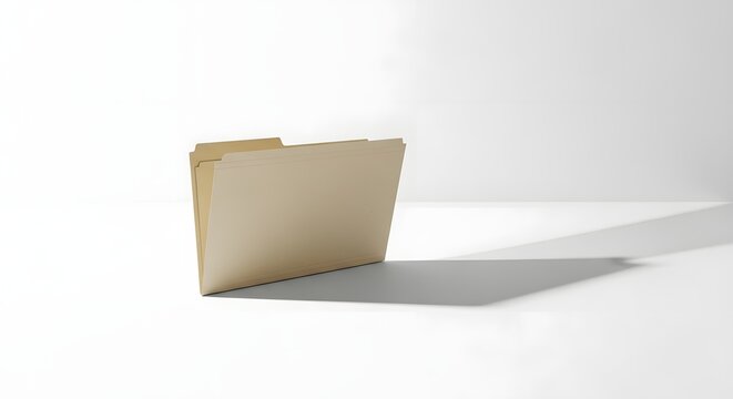 Single manila file folder standing upright on a white surface with a prominent shadow