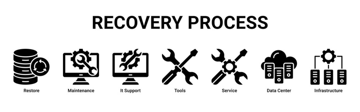 Recovery Process web banner icon vector illustration with icons of Restore, Maintenance, It Support, Tools, Service, Data Center and Infrastructure