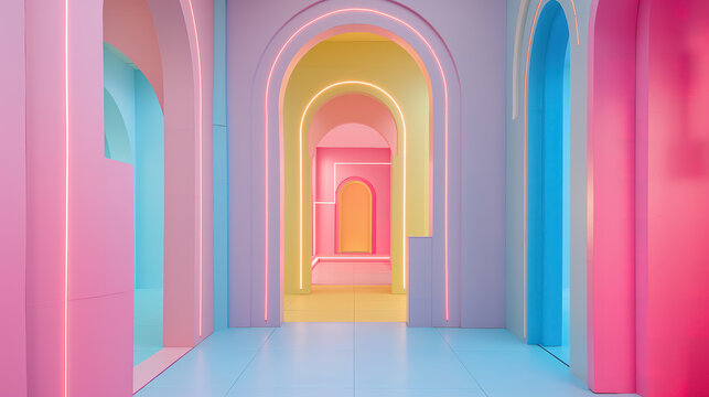 Abstract architectural space features colorful arches with glowing neon outlines. Futuristic surreal interior