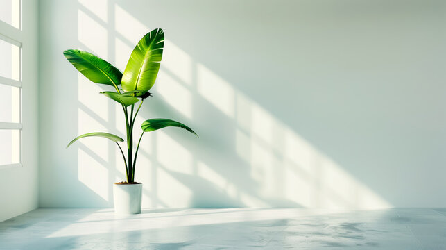 Green tropical plant in a white pot stands in a bright minimalist room. Sunlight from a window creates long shadows on a clean white wall, modern interior, home decor, eco friendly style.