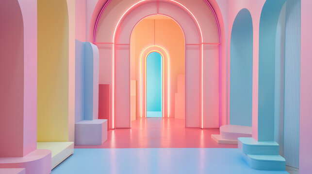 Surreal minimalist interior with pastel pink and blue arches and neon light strips. Futuristic architectural space, modern digital art.