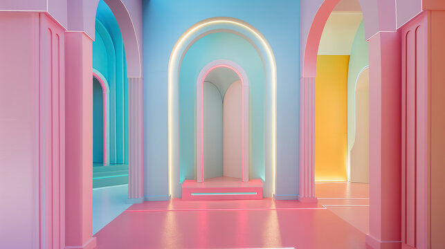 Abstract surreal interior with pink and blue arches and glowing neon lighting. Futuristic architectural space