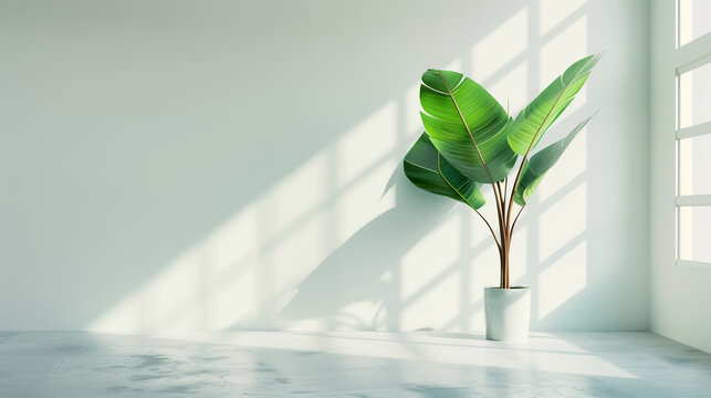 Green tropical plant in a white pot stands in a bright minimalist room. Sunlight from a large window creates graphic shadows on a clean white wall