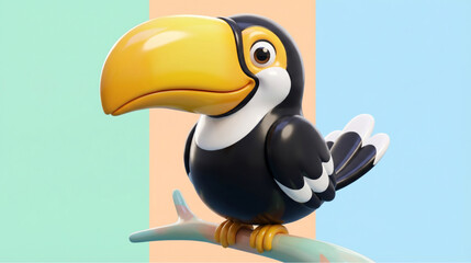 Cute 3D cartoon hornbill bird with large yellow beak, colorful and friendly character design. © Mukhlis