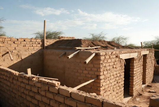 A partially constructed adobe house is being built in a rural setting, likely in a desert region.