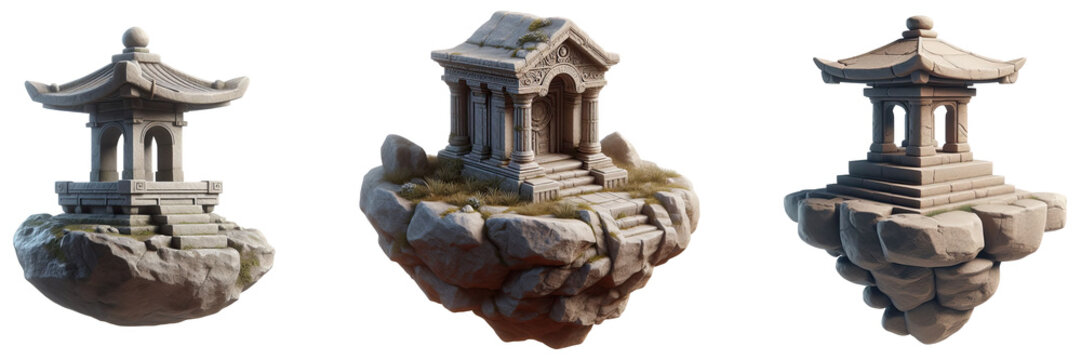 miniature chinese pagodas on rocky outcrops