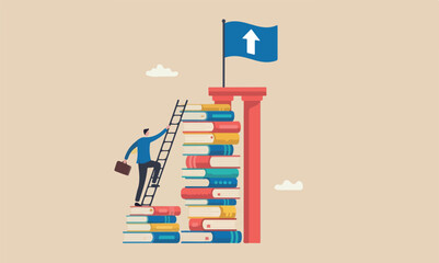 Business pillars challenge and personal improvement, reading list concept, businessman climb up ladder on books stack for good vision © Nazma