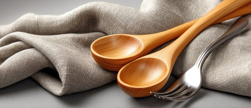 Wooden spoon and fork on linen napkin against gray background showcasing simple and elegant dining setting for eco-friendly restaurant