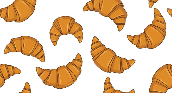 Seamless pattern of golden brown flaky croissants in a hand drawn cartoon style.