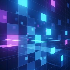 Abstract geometric grid with glowing blue and purple squares, digital perspective