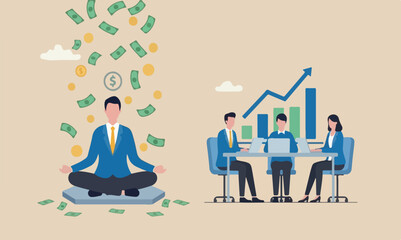 Fototapeta premium Money or mindset meeting teams together bigger one fall or ambition to growth revenue, success investment and savings or attitude to grow business concept, calm businessman meditating with falling