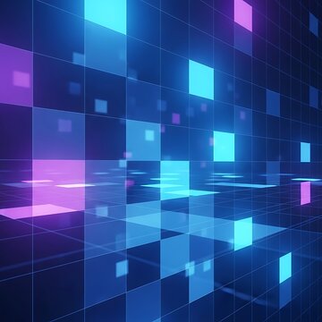 Abstract geometric grid with glowing blue and purple squares, digital perspective