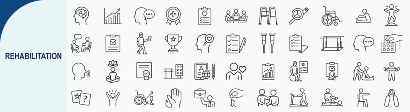 Rehabilitation and physical therapy line icons set for medical healthcare design