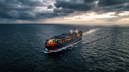 Fototapeta premium Large container ship crossing ocean at sunset with digital network nodes. Maritime logistics and global supply chain technology. Automated freight transport system delivering international cargo.