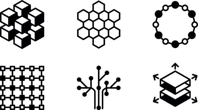 Black and white geometric network icons set with cubes hexagons nodes and layers