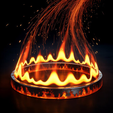 A glowing metal ring engulfed in flames with sparks flying upwards