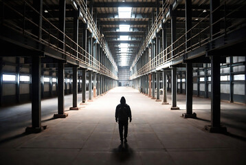 Obraz premium A lone figure walks down a long, empty industrial hall. Setting: A vast, abandoned warehouse or factory with towering columns and a desolate atmosphere.