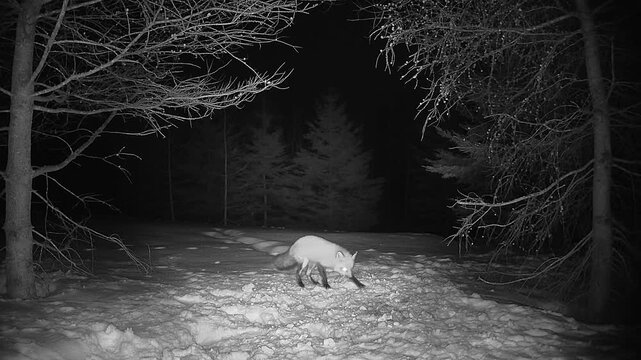 A wild red fox eats food in the snow under bare trees at night. This monochrome trail camera footage captures the quiet, raw essence of winter wildlife in a serene forest setting.
