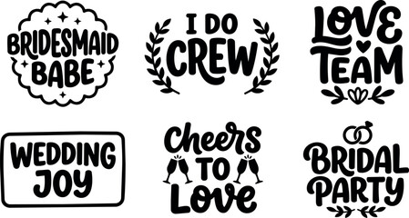 Fototapeta premium Black and white handwritten wedding phrases with decorative elements and champagne glasses