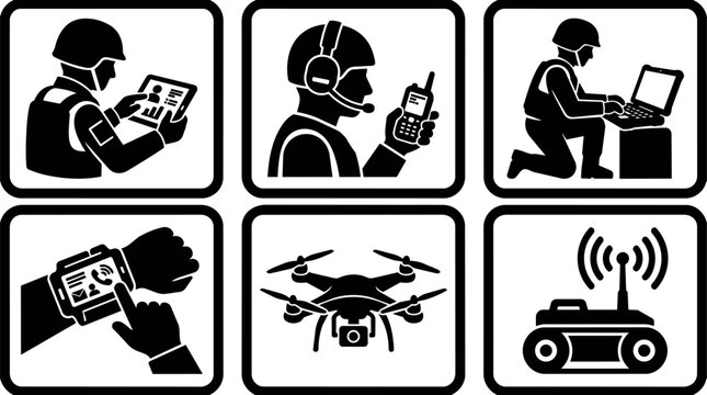 Black silhouette icons of soldier using tablet radio laptop drone and remote control