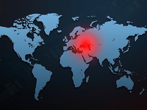 World map with a glowing red spot over Europe