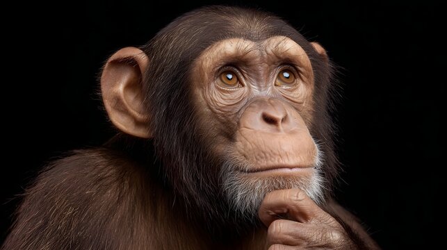 A detailed portrait of a contemplative primate resting its chin on its paw against a dramatic black background