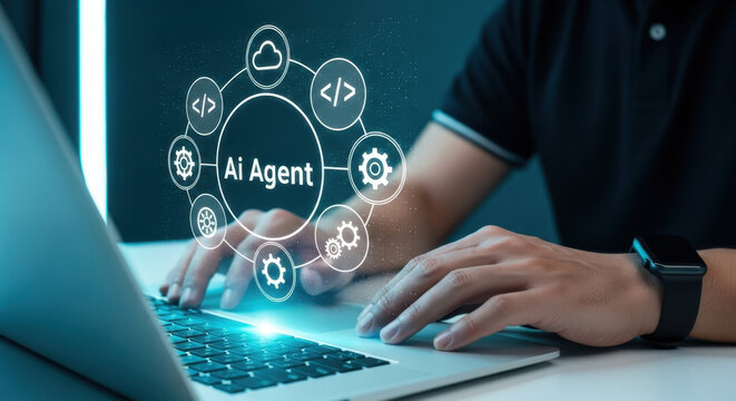 Person using AI agent workflow automation system technology innovation data analysis information network process algorithm dashboard application coding integration, business management concept