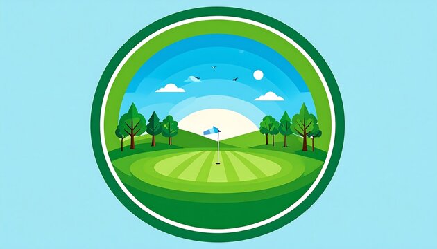 Circular landscape of a golf course featuring green field, blue sky, trees, and a flag. The image conveys a peaceful outdoor scene