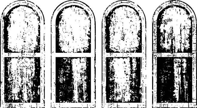 Four vintage arched wooden window frames with peeling paint and rustic texture