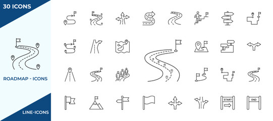 Obraz premium Roadmap line icons. Winding roads milestones flags location pins path direction arrows and timeline concepts.