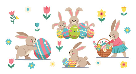 Fototapeta premium Whimsical Easter bunnies collecting colorful eggs in a garden with flowers