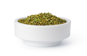 Obraz na płótnie Canvas Dried oregano spice in white bowl for seasoning