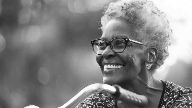 A black and white  of a woman laughing, suitable for use in articles about humor or mental health