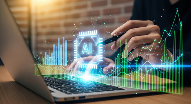 Person using laptop ai artificial intelligence in big data information graph analysis database algorithm innovation software statistic complexity research visualization model prediction technology