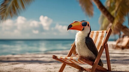 Naklejka premium Toucan wearing sunglasses relaxing on tropical beach