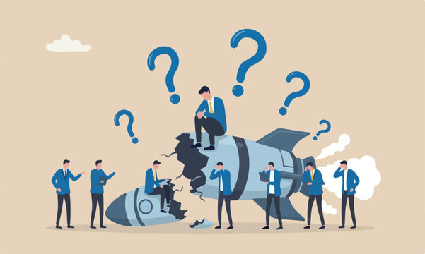 on crash style meeting teams together illustration is modern, flat design with clean lines and rocket metaphor new business failure