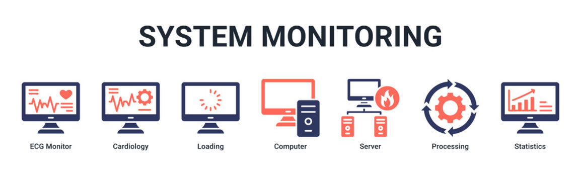 System Monitoring web banner icon vector illustration with icons of ECG Monitor, Cardiology, Loading, Computer, Server, Processing and Statistics