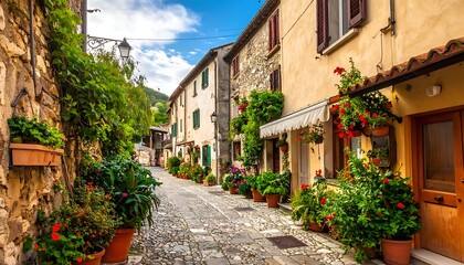 Naklejka premium Cobblestone street, flowers