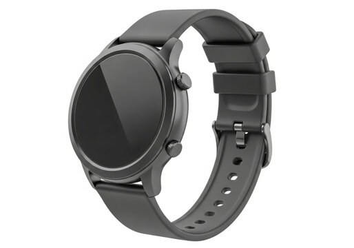 Elegant black smartwatch with a round face and rubberized strap displayed on a wrist.