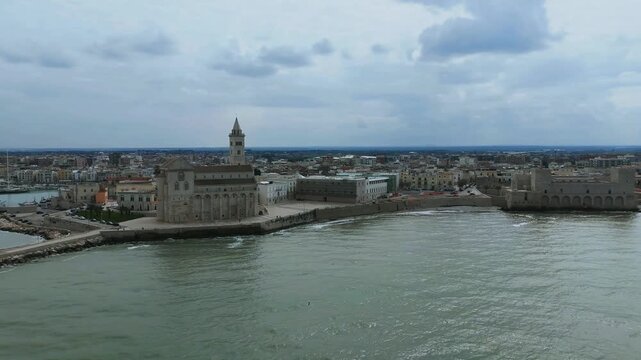Aerial view of the Trani Cathedral (Cattedrale di Trani; Cattedrale di San Nicola Pellegrino) in Puglia in Italy.