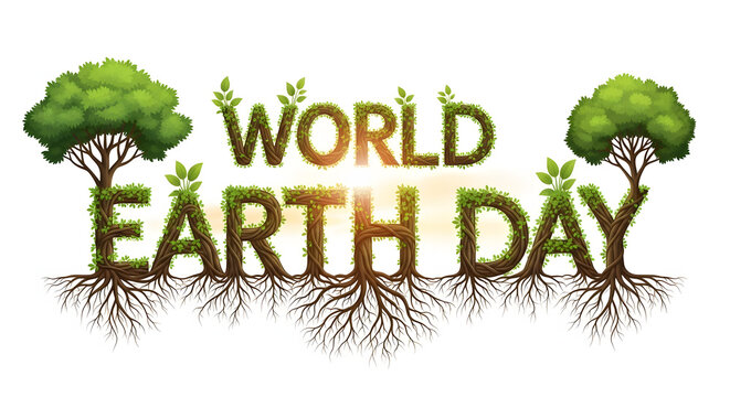 Whimsical World Earth Day Typography with Lush Green Trees and Organic Root Textures
