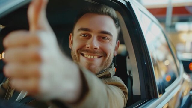 A person sitting in a vehicle with a positive gesture, suitable for use in s about happiness, satisfaction, or approval