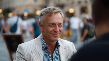 Fototapeta premium A smiling well dressed man standing in a lively urban setting surrounded by the backdrop of activity and people
