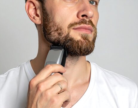 Close-up of a man trimming his beard with an electric trimmer, against a plain white background