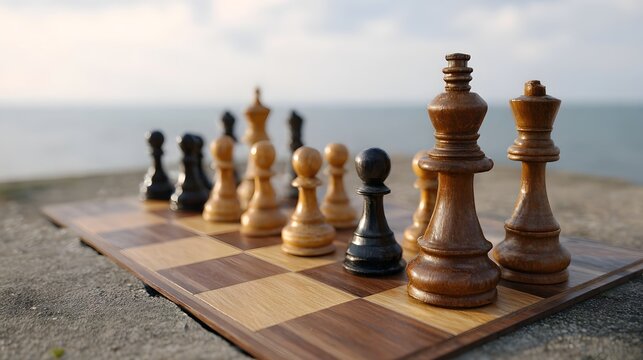 Wooden chess pieces arranged on a checkered board overlooking the calm ocean water at sea level