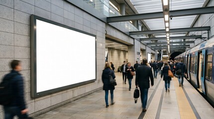 Fototapeta premium Commuters walk past a large blank advertisement board in a busy subway station near a train.