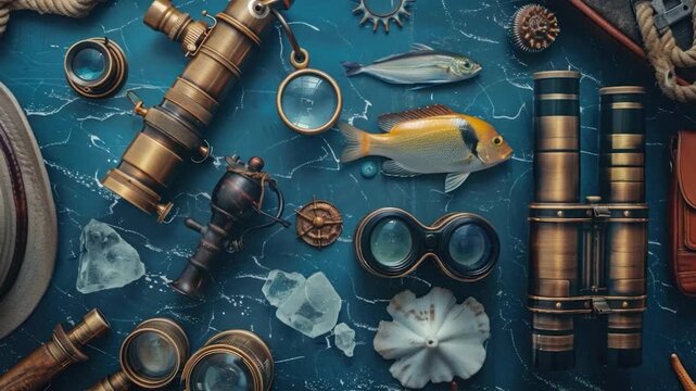A blue table filled with various objects, providing a unique and eclectic display